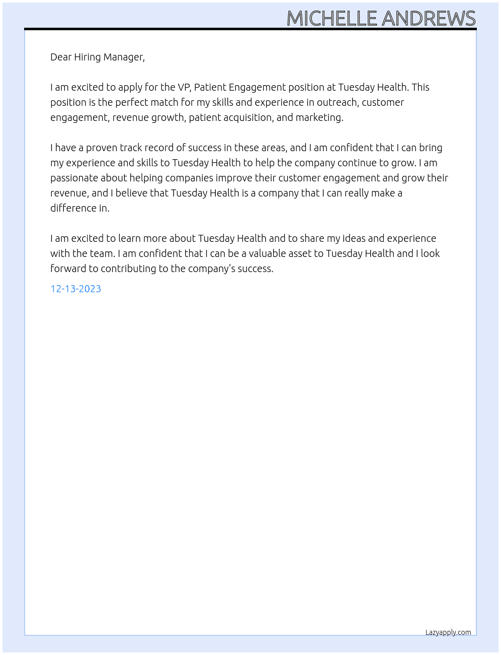 VP, Patient Engagement At Tuesday Health Cover Letter