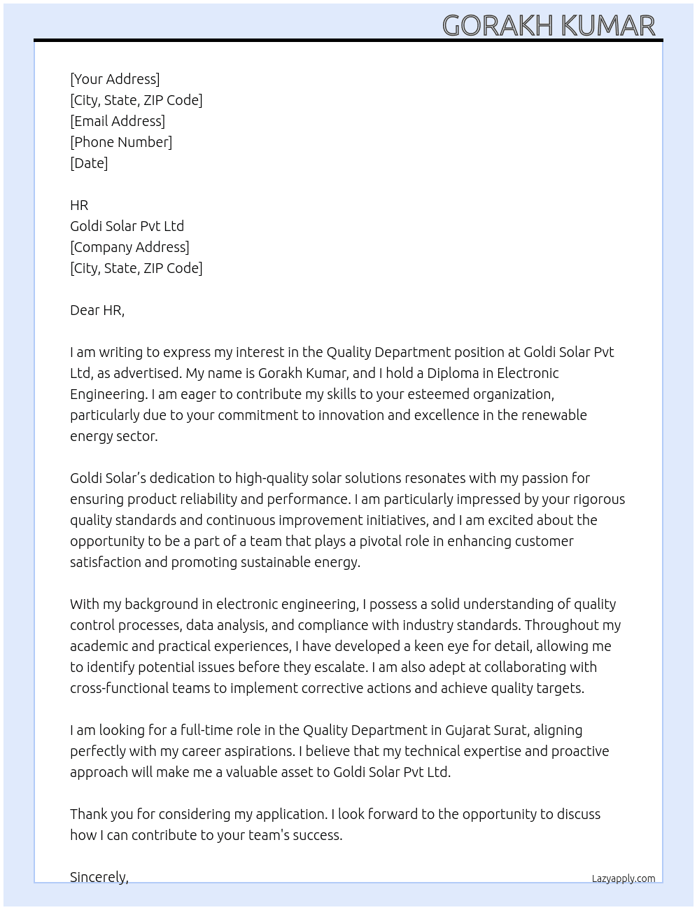 Quality dupartament  At Goldi solar pvt Ltd  Cover Letter