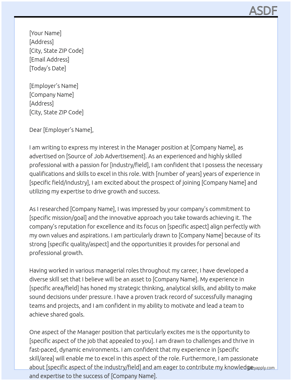 Manager At df Cover Letter