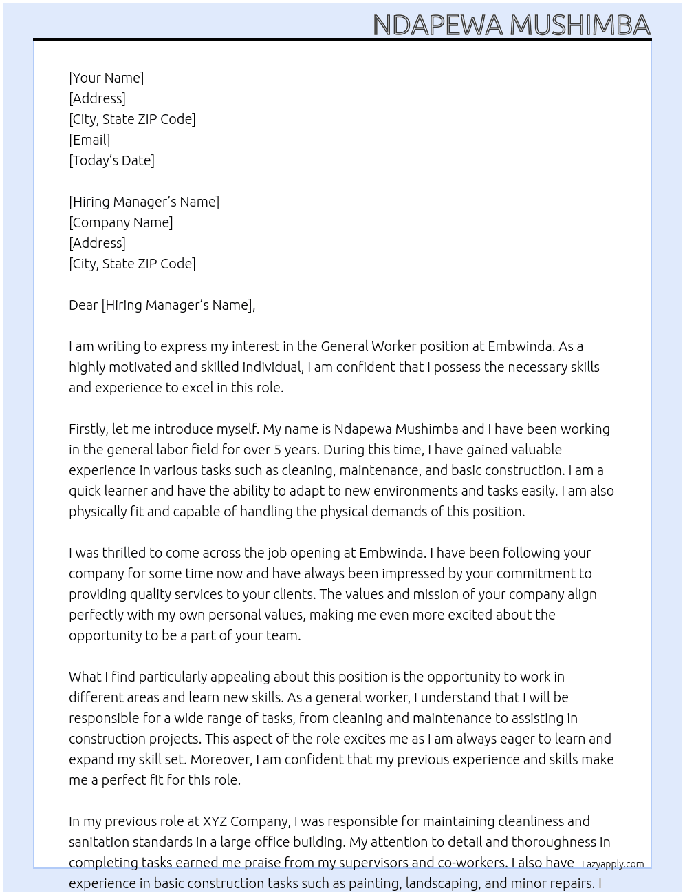 General worker At Embwinda Cover Letter