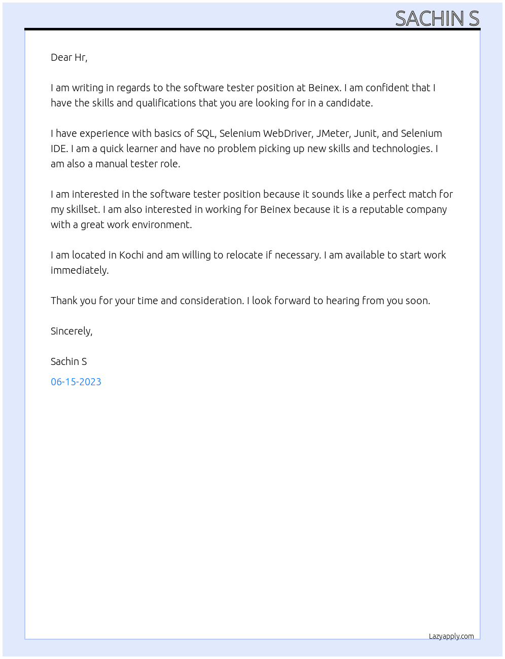 software tester At Beinex Cover Letter