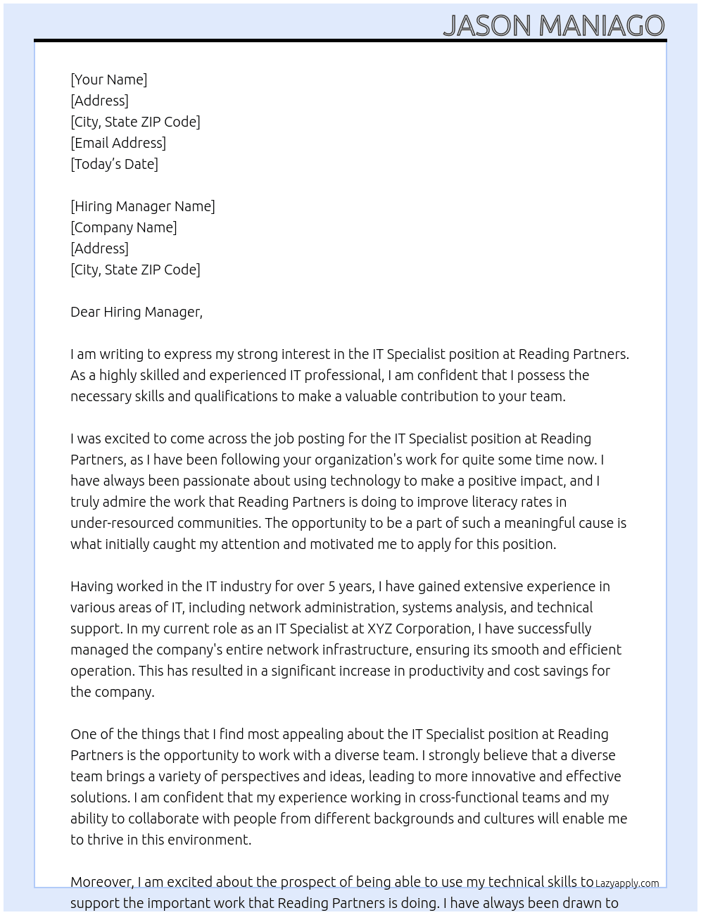 IT Specialist At Reading Partners Cover Letter