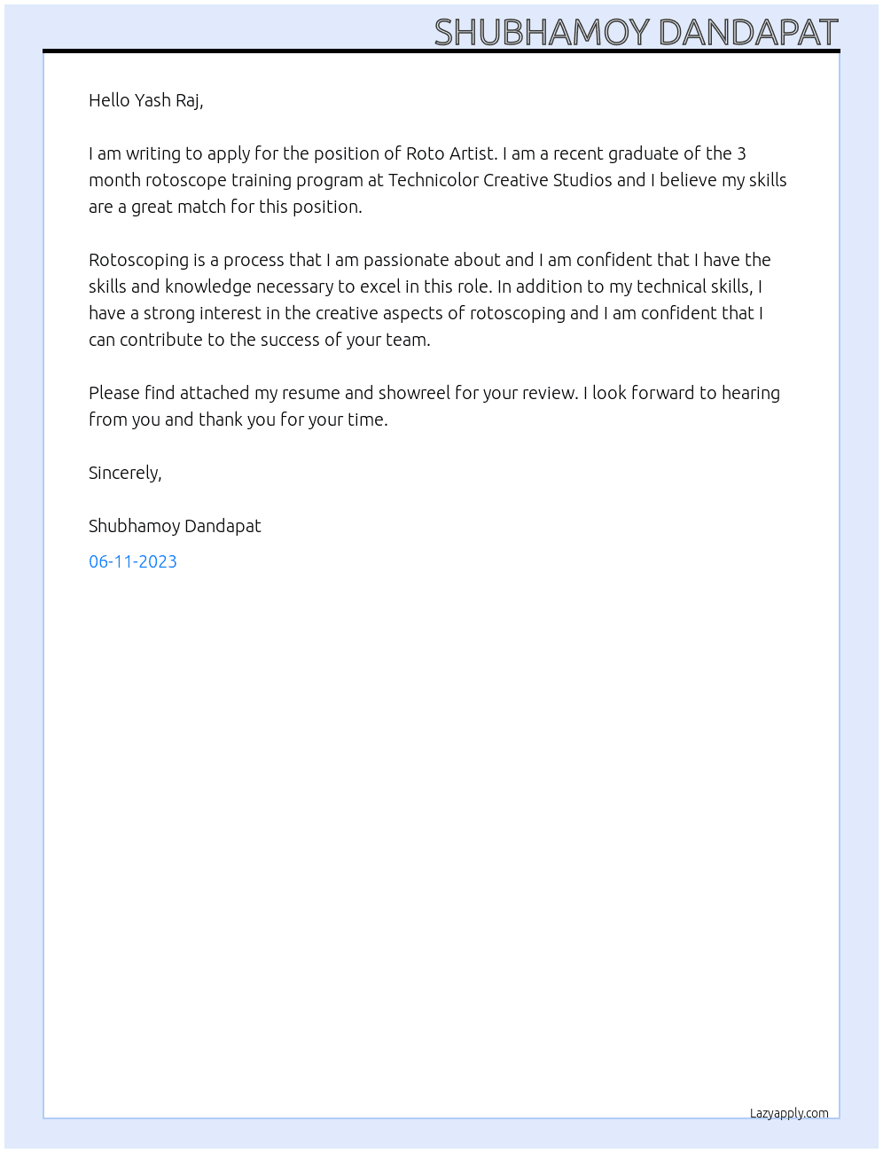 Roto Artist At Yash Raj Cover Letter