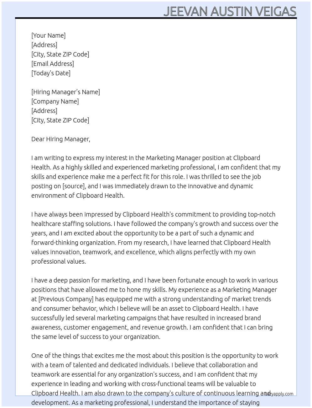 Marketing Manager At Clipboard Health Cover Letter