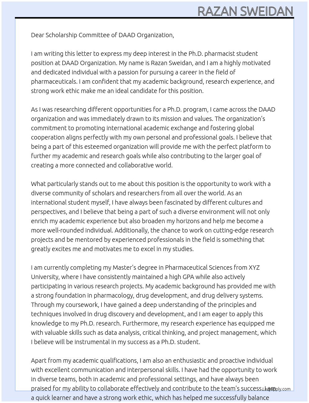 Ph.D pharmacist student At DAAD organization  Cover Letter