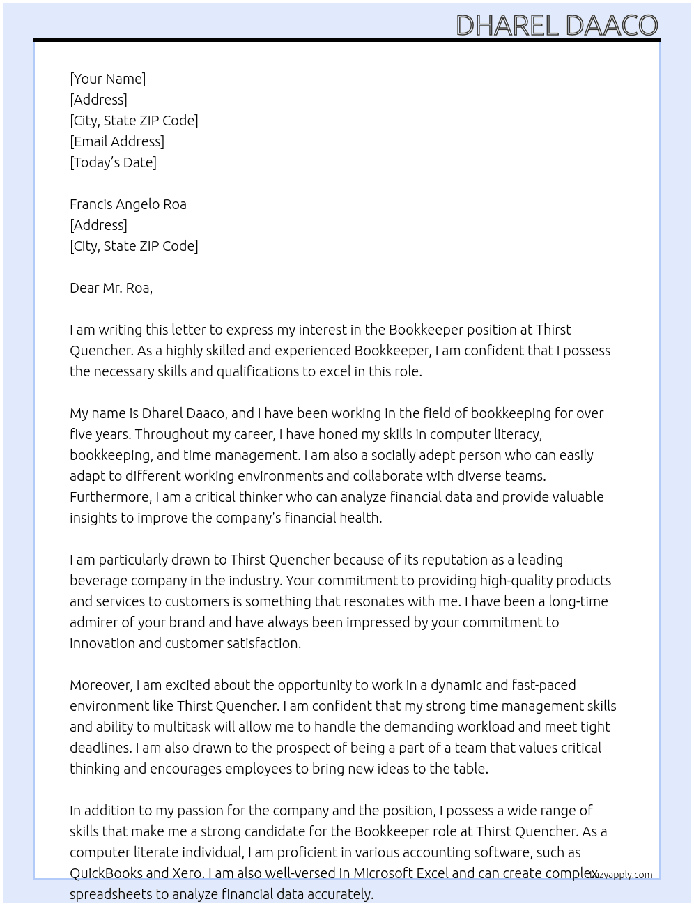 Bookkeeper At Thirst Quencher Cover Letter