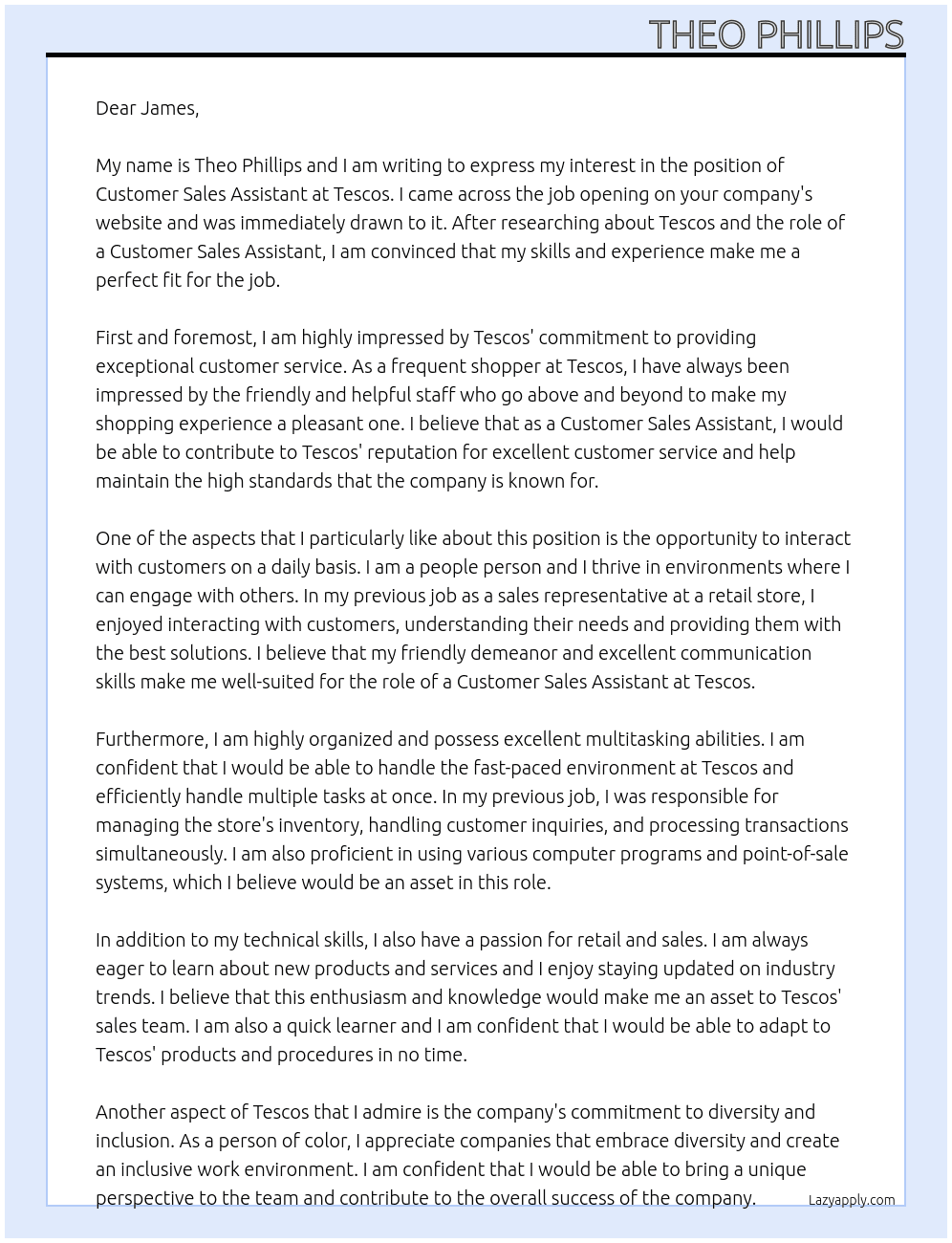 Cover letter for customer sales assistant - LazyApply
