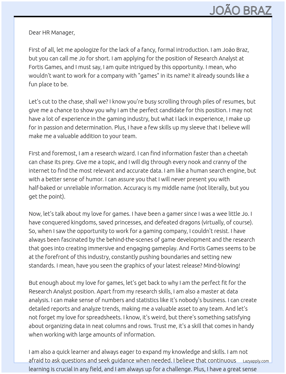 Resarch analyst At fortis games Cover Letter