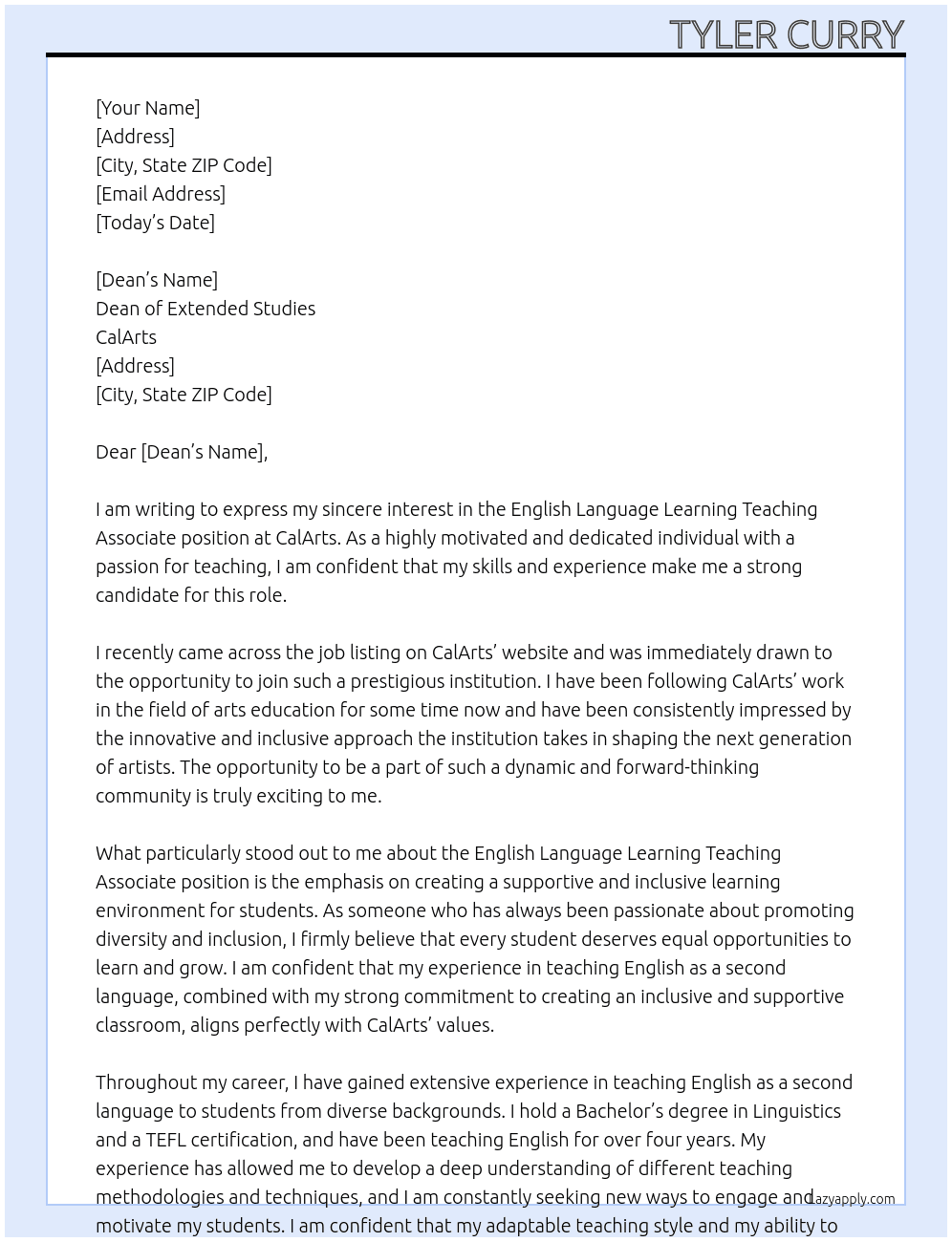 English Language Learning Teaching Associate At CalArts Cover Letter