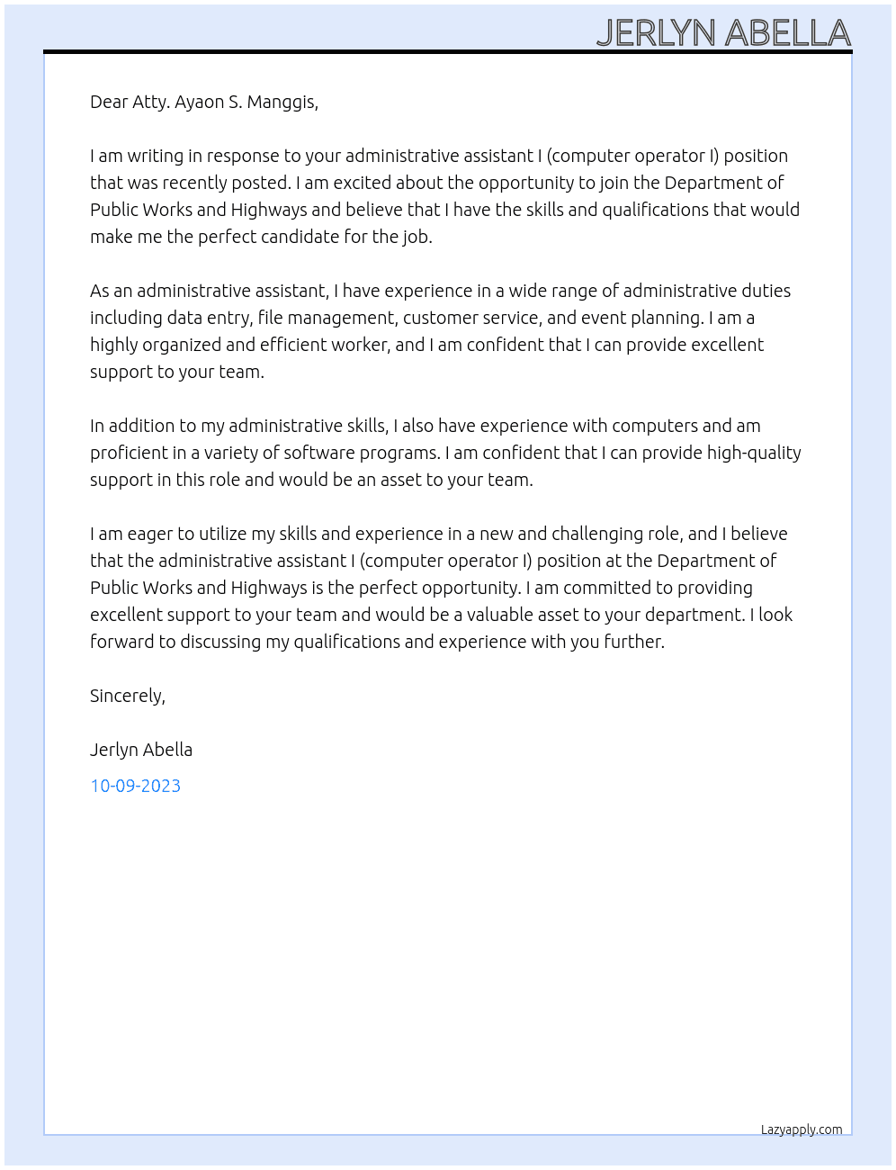 Administrative Assistant I (Computer Operator I) At Department of Public Works and Highways Cover Letter
