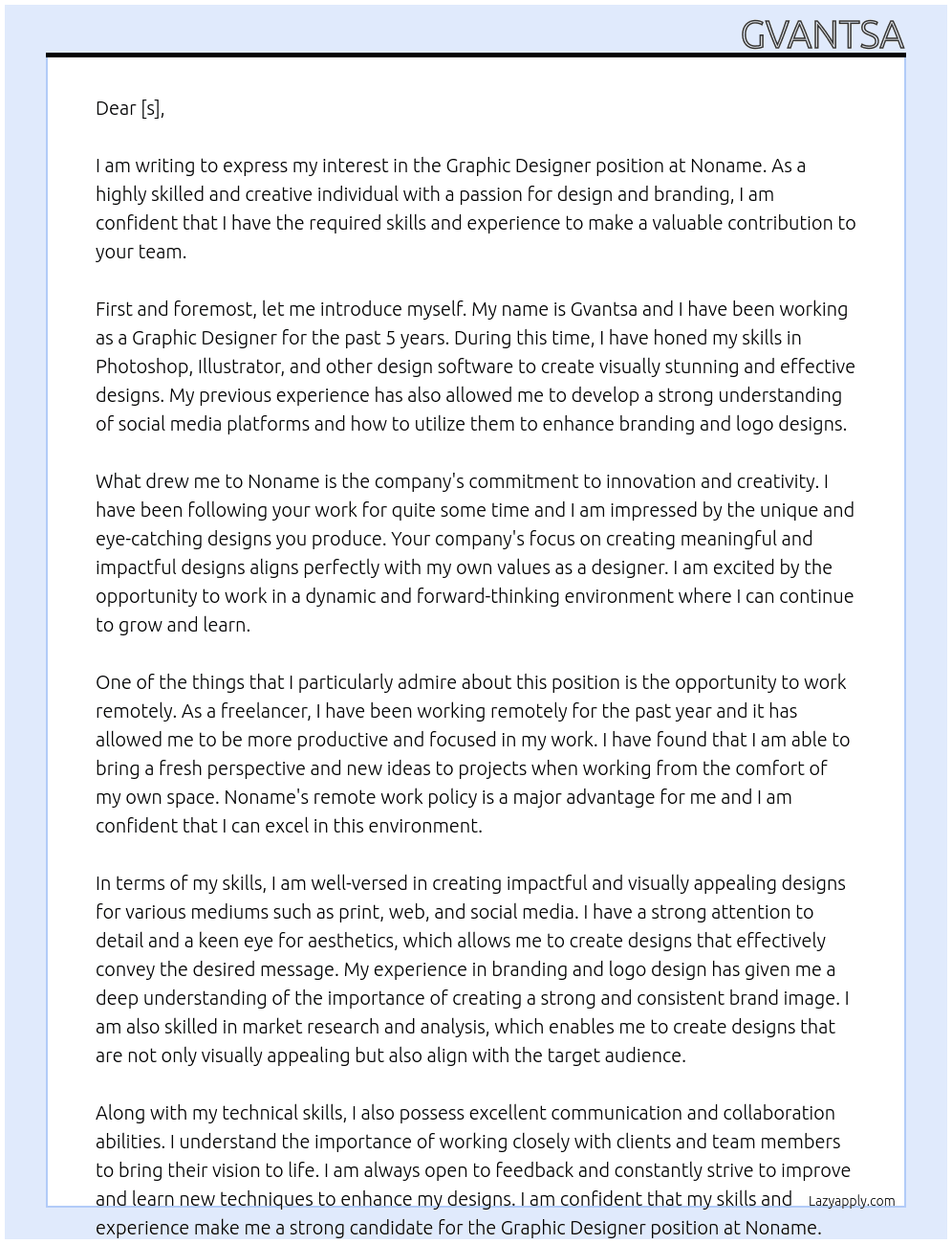 graphic designer At noname Cover Letter
