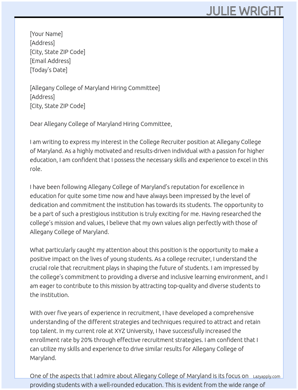 College Recruiter At Allegany College of Maryland Cover Letter