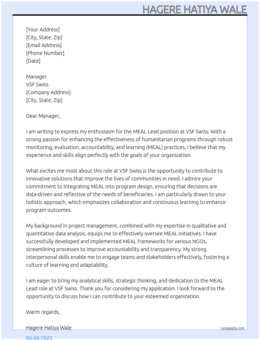 MEAL Lead At VSF swiss Cover Letter