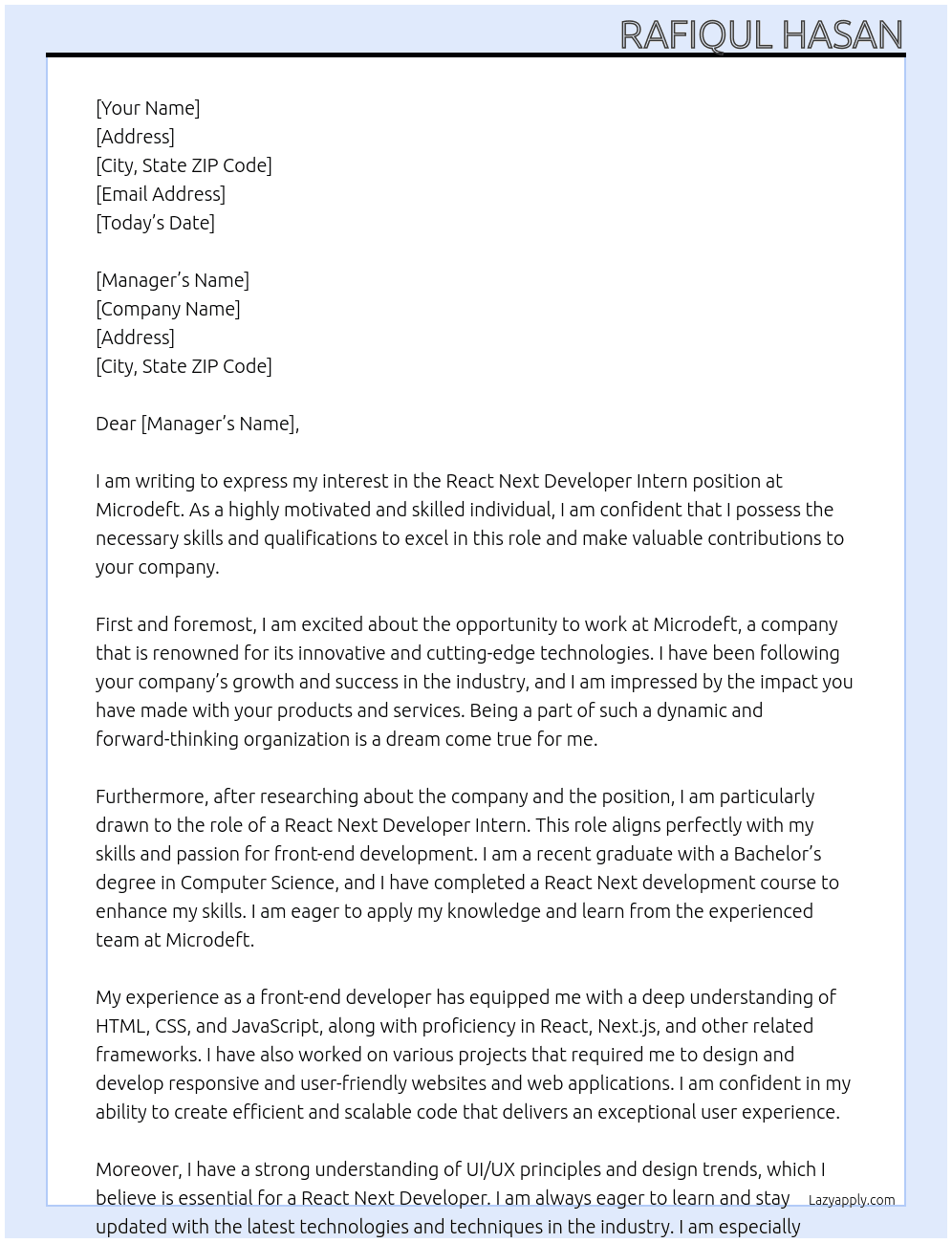 React Next Developer Intern At  Microdeft Cover Letter
