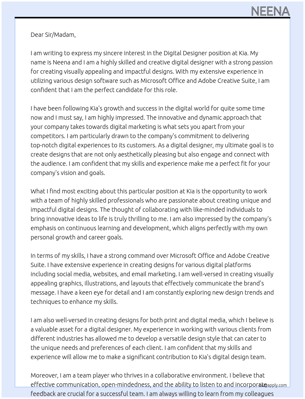 Digital Designer At Kia Cover Letter