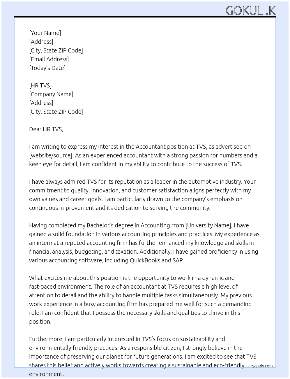 Accountant  At Tvs  Cover Letter