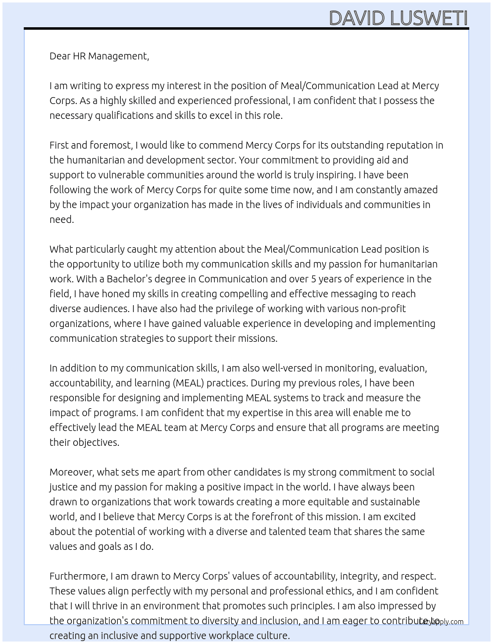 Meal/Communication Lead At Mercy Corps Cover Letter