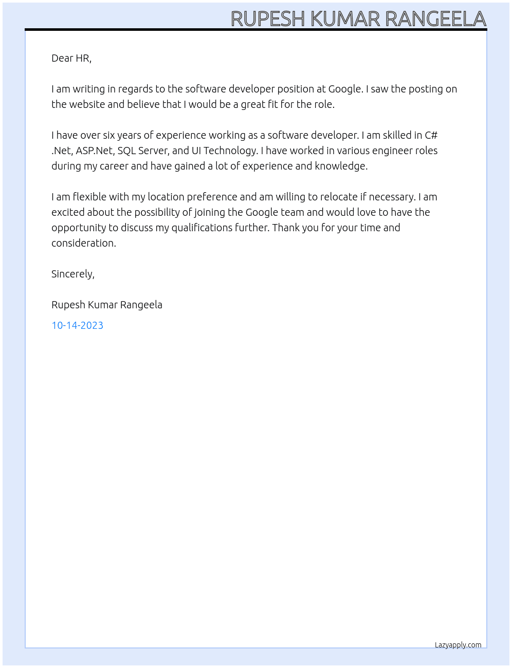 Software Developer At Gogle Cover Letter