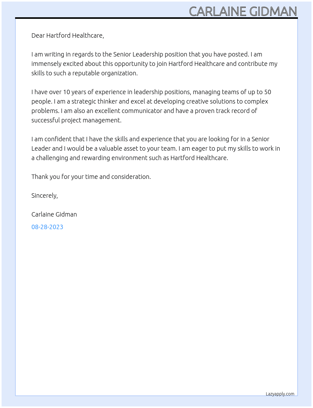 Senior Leadership At Hartford Healthcare Cover Letter