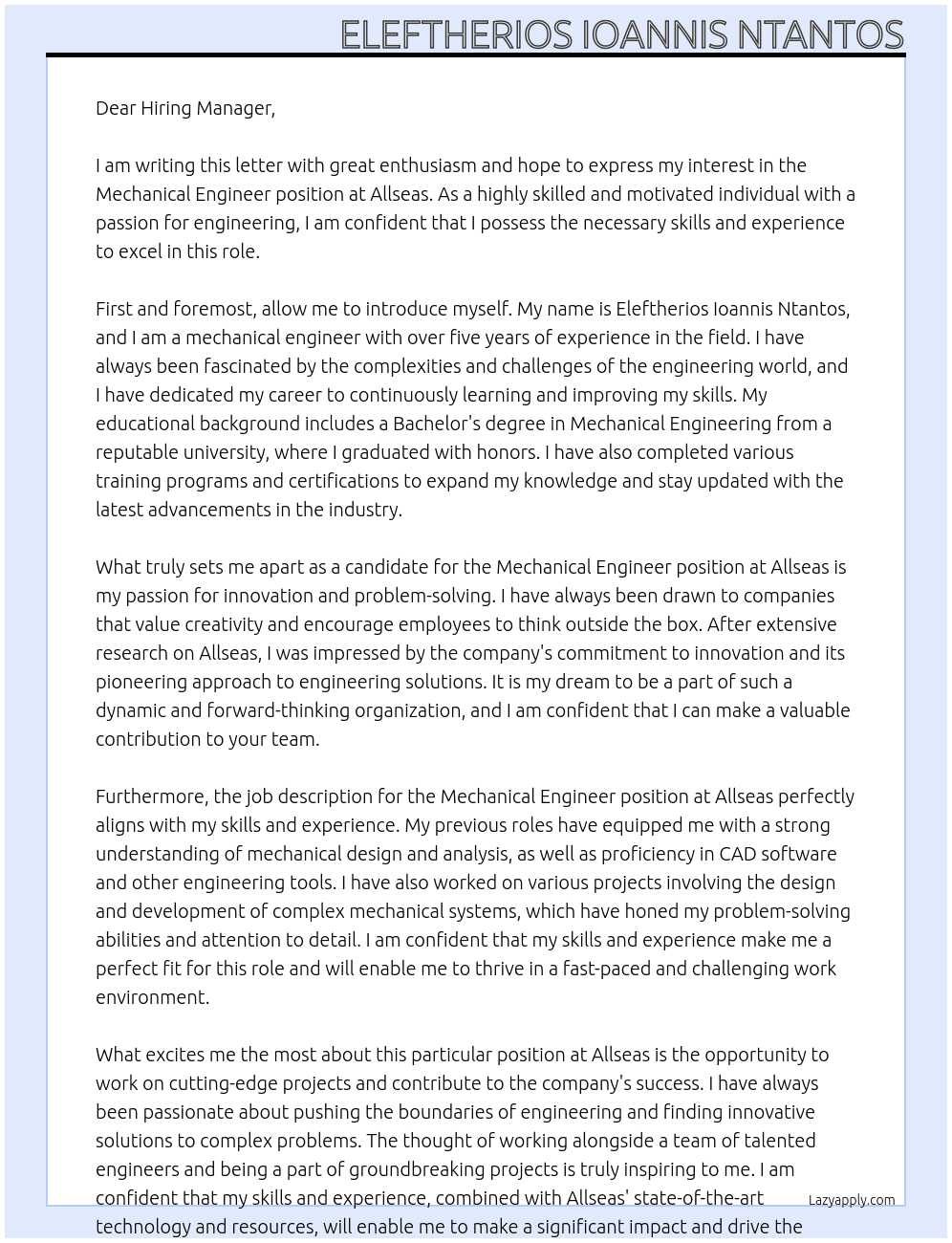Mechanical engineer At Allseas Cover Letter