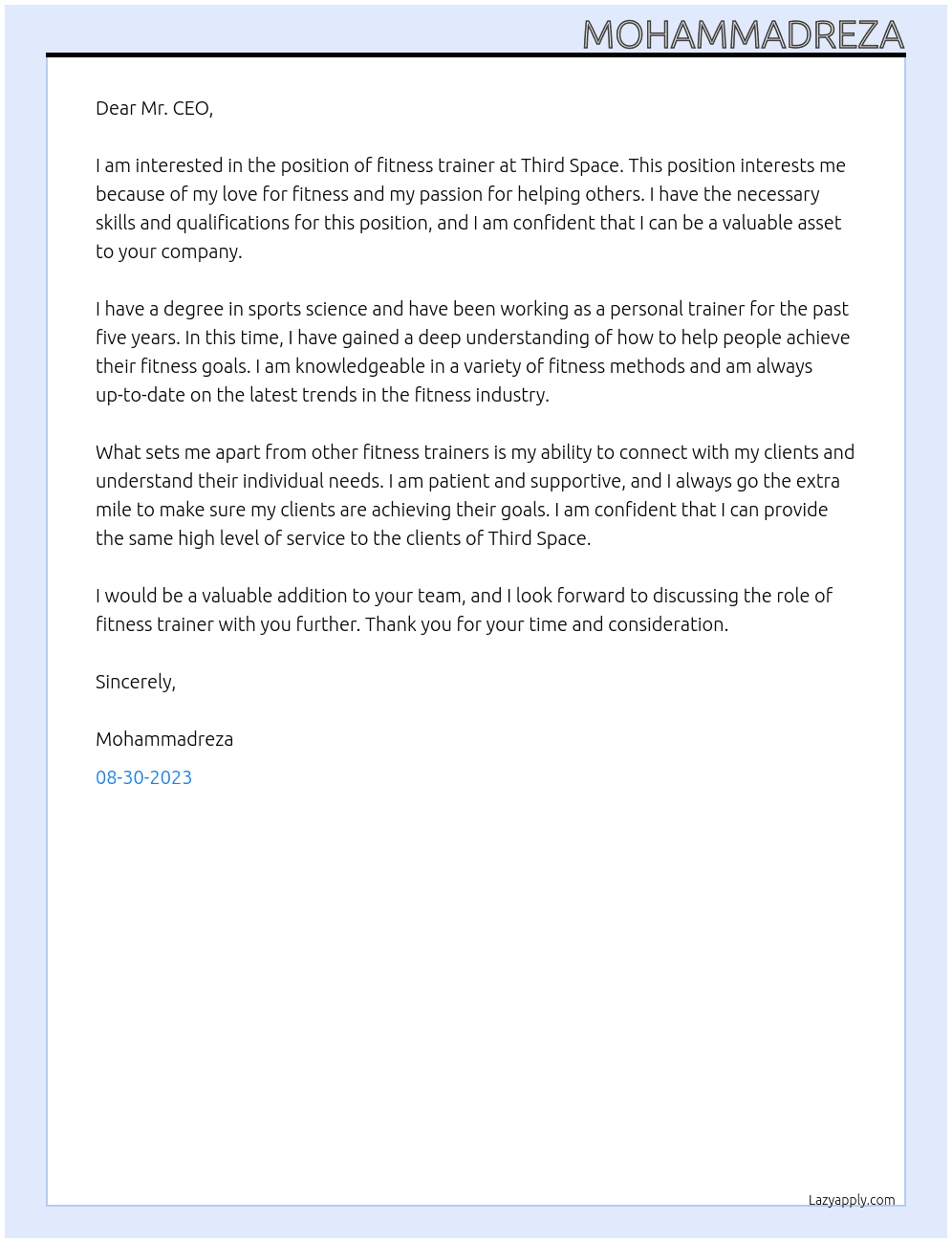 Fitness trainer At Third space Cover Letter