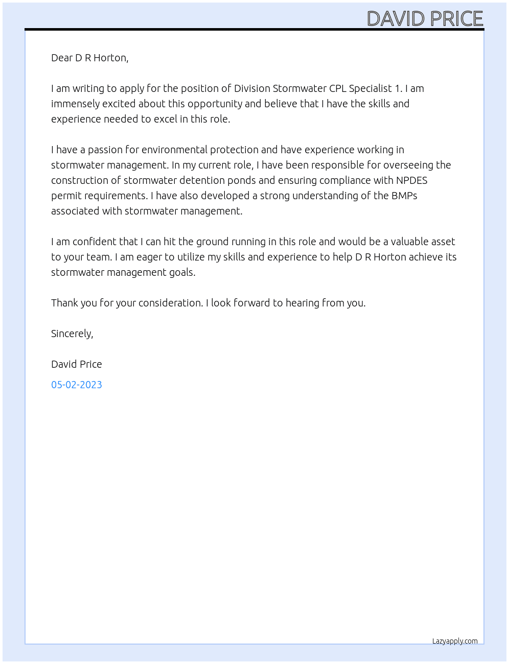 Division Stormwater CPL Specialist 1 At D R Horton Cover Letter
