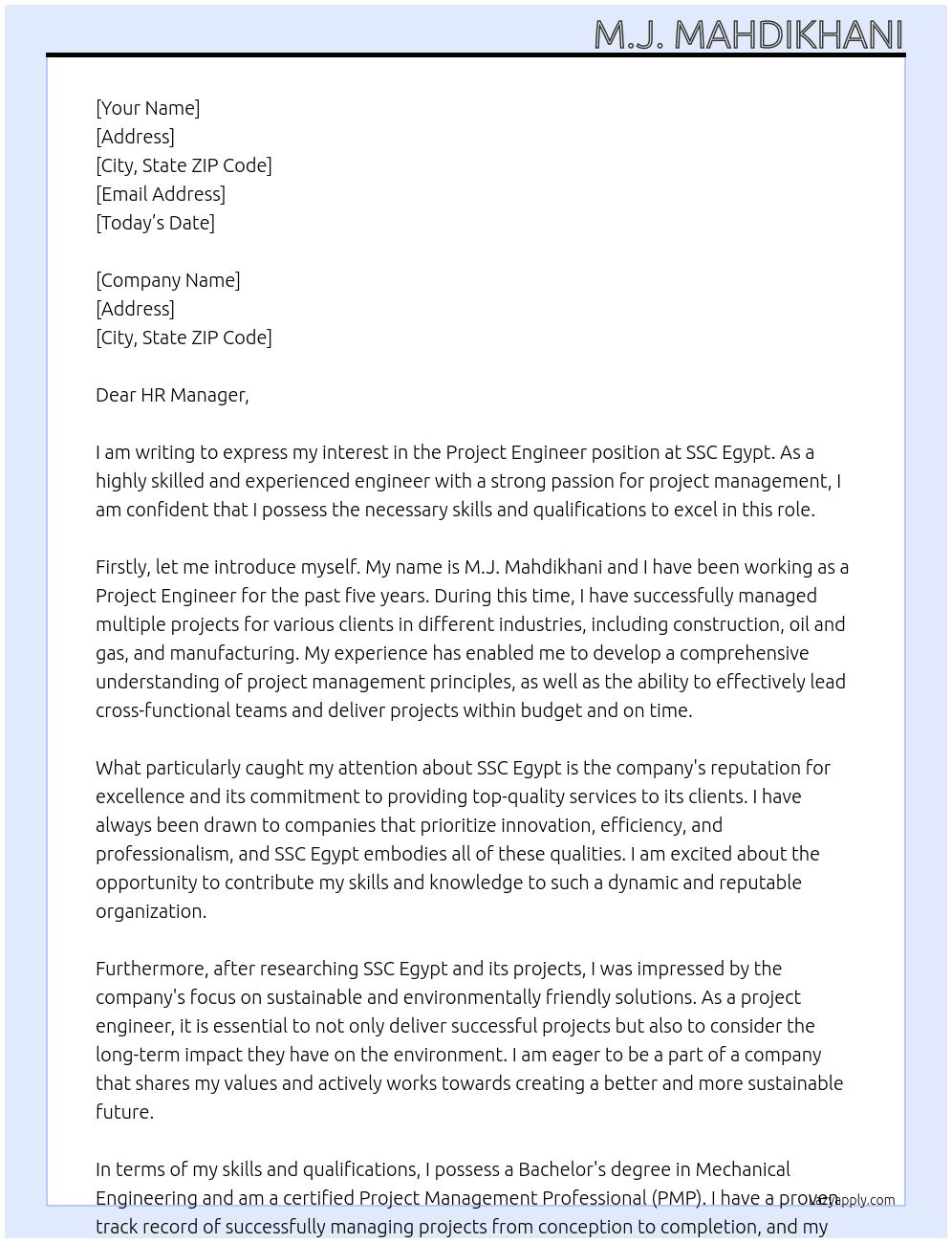 Project Engineer At SSC Egypt Cover Letter