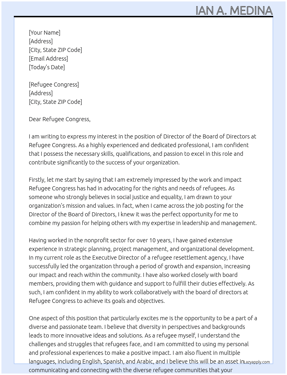 Director of Board of Directors  At Refugee Congress Cover Letter