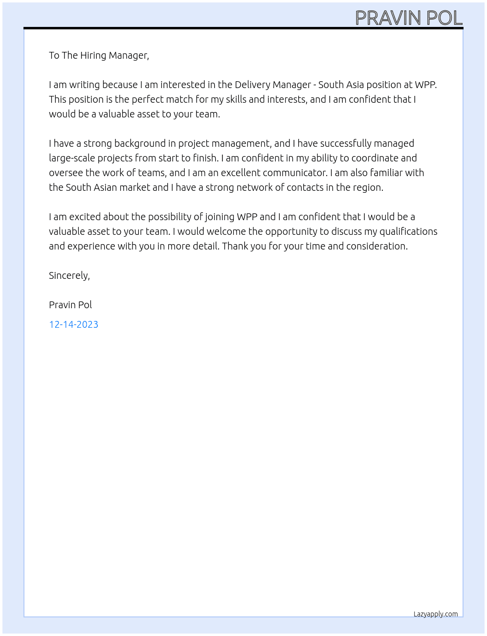 Delivery Manager - South Asia At WPP Cover Letter