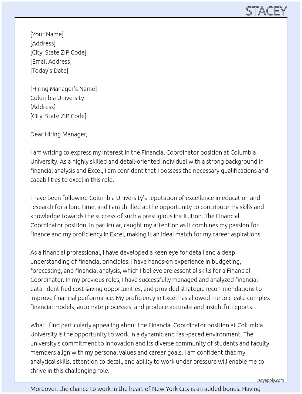 Financial Coordinator At Columbia university Cover Letter