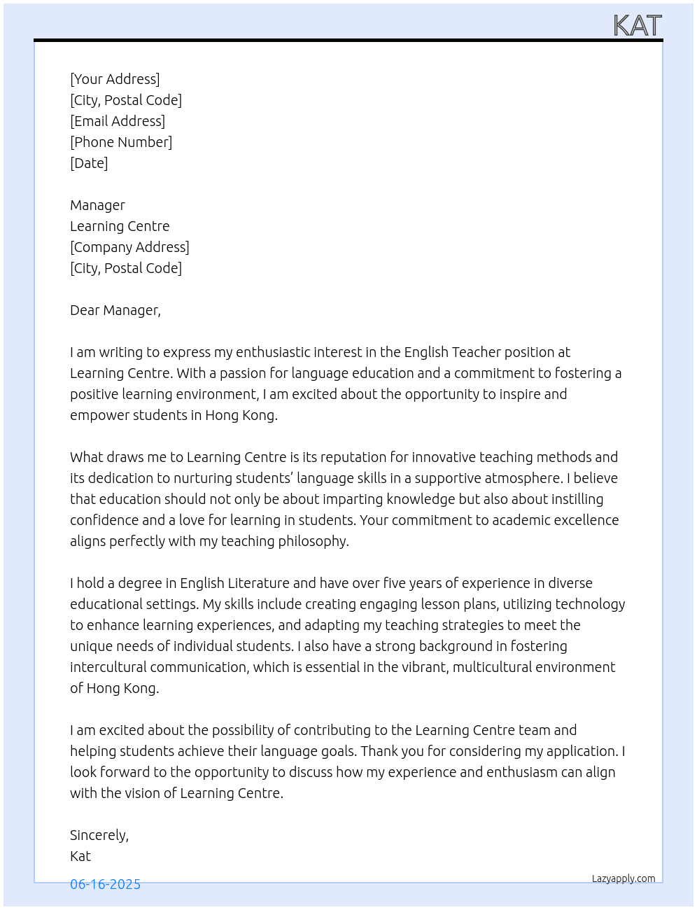English teacher At Learning Centre Cover Letter