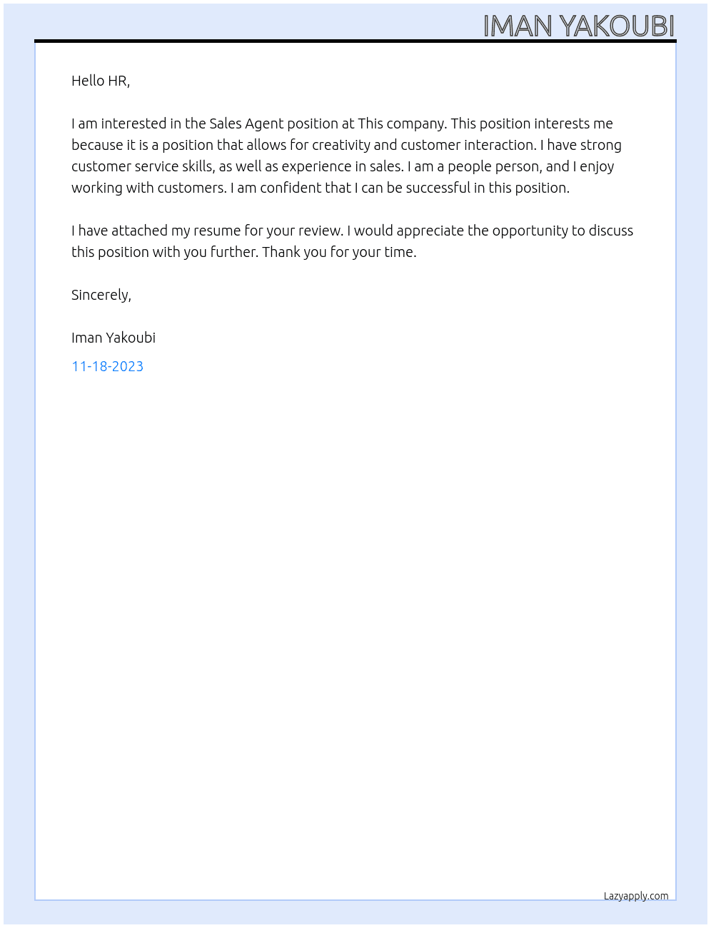 Sales Agent At This company  Cover Letter