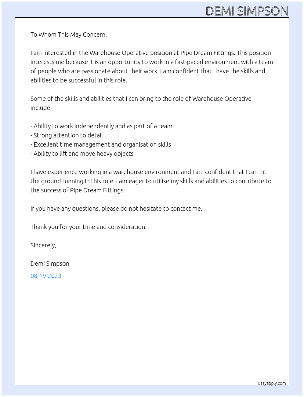 Warehouse Operative At Pipe Dream Fittings Cover Letter