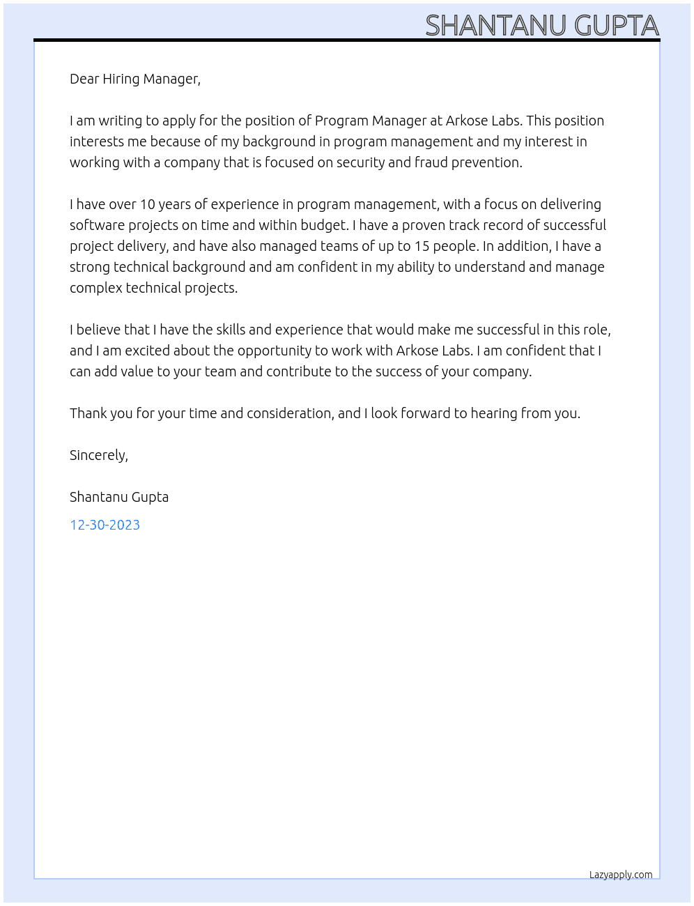 Program manager At Arkose Labs Cover Letter