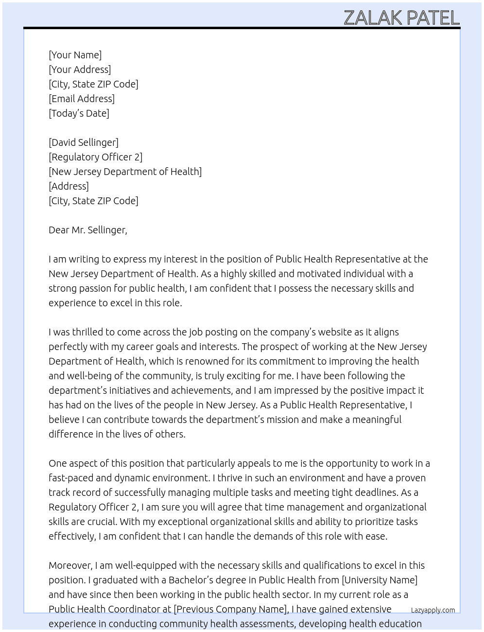 Public Health Representative At New Jersey Department of Health Cover Letter