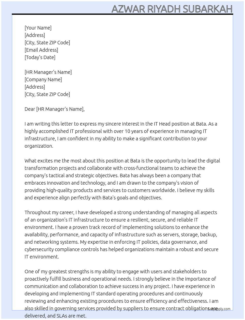 IT Head At Bata Cover Letter