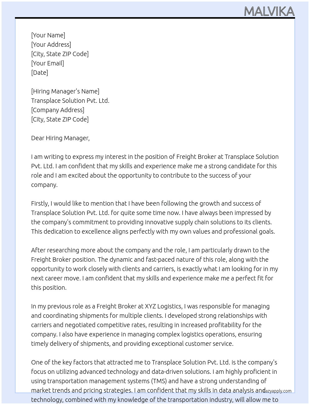 Freight Broker At Transplace Solution Pvt. Ltd. Cover Letter