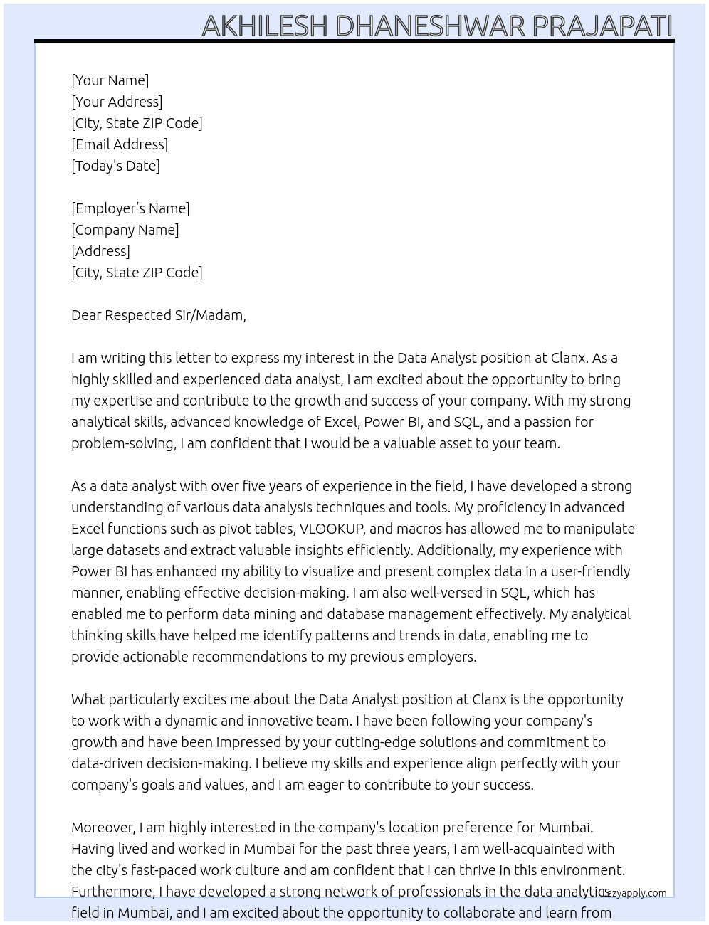 data analyst At clanx Cover Letter