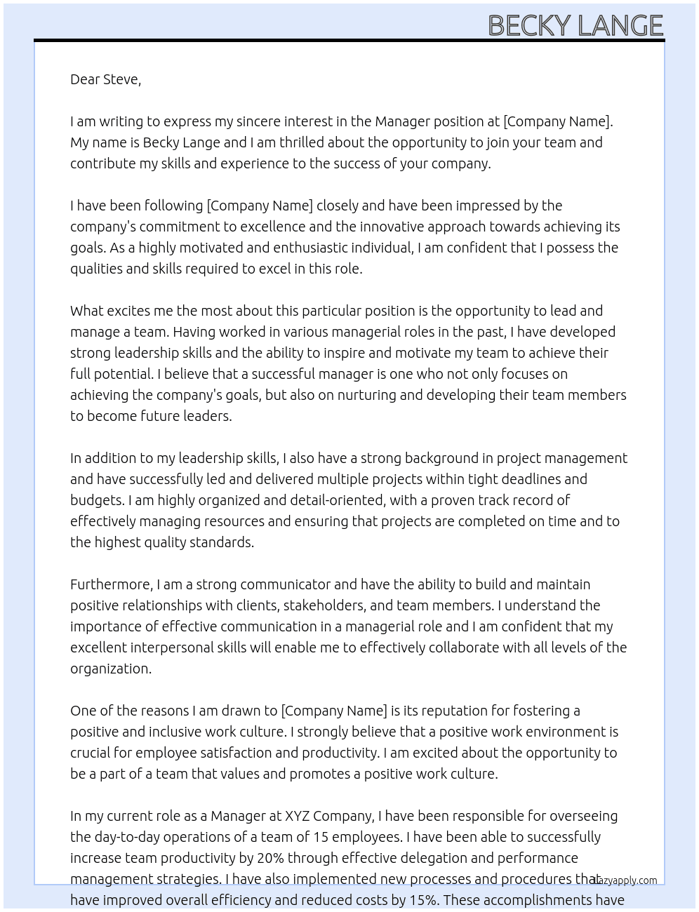 Manager At Manager Cover Letter