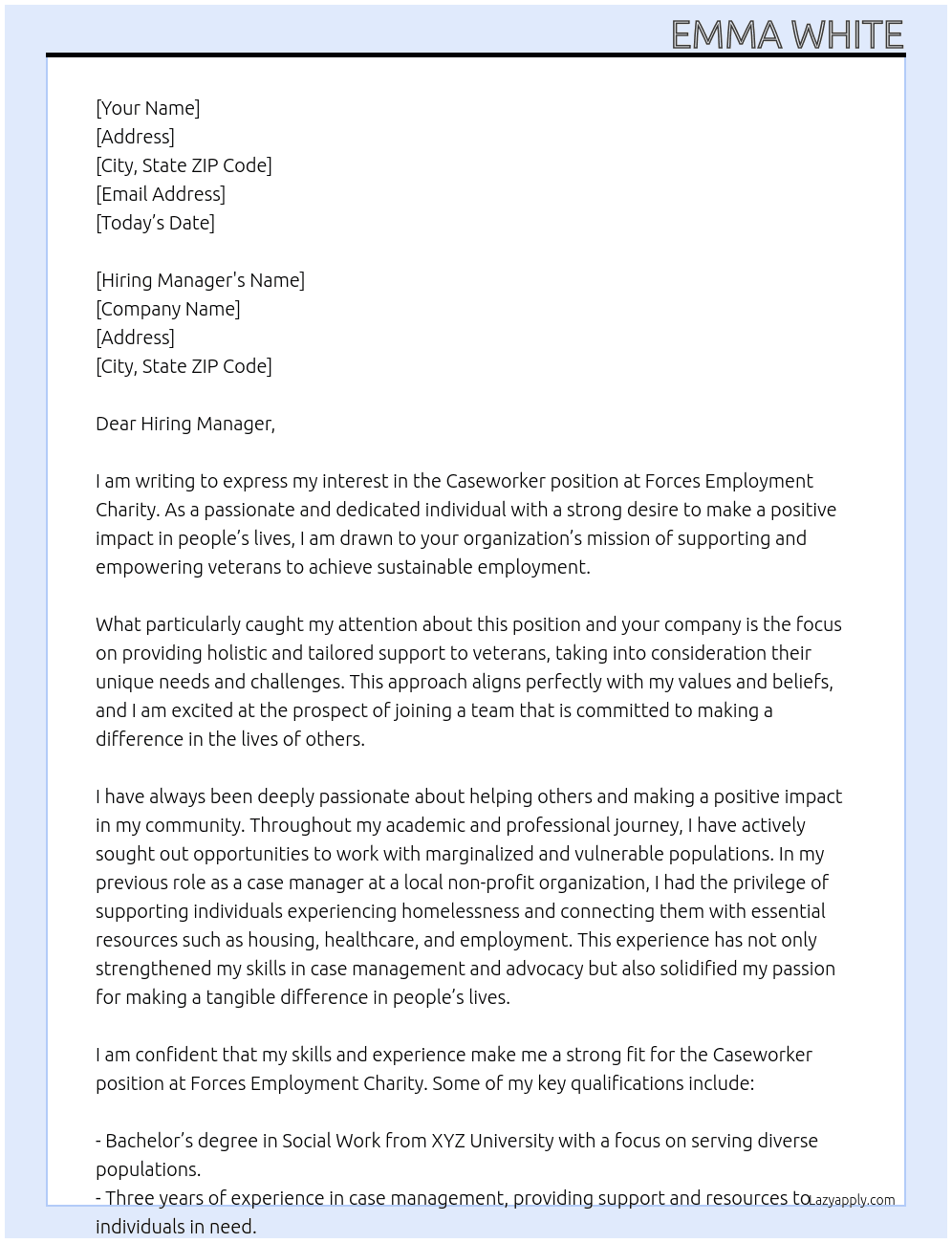caseworker At Forces Employment Charity Cover Letter