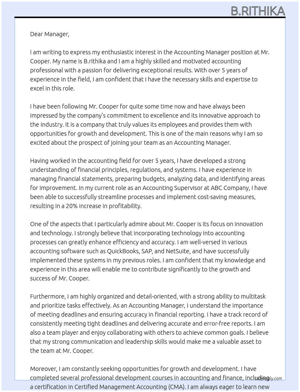 Accounting manager At Mr cooper Cover Letter