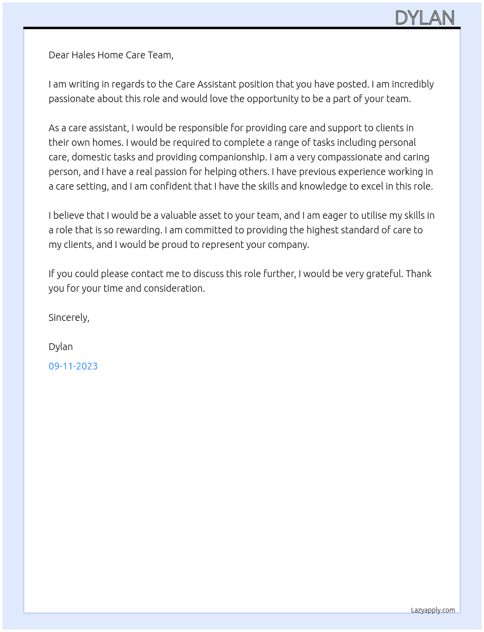 Care Assistant  At Hales Home Care Cover Letter