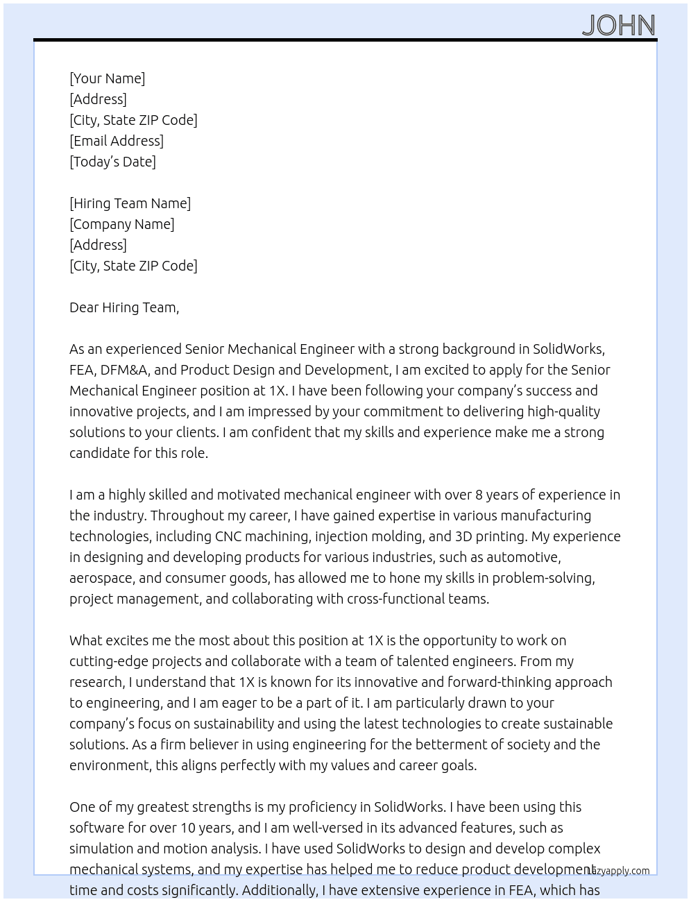 Senior Mechanical Engineer At 1X Cover Letter