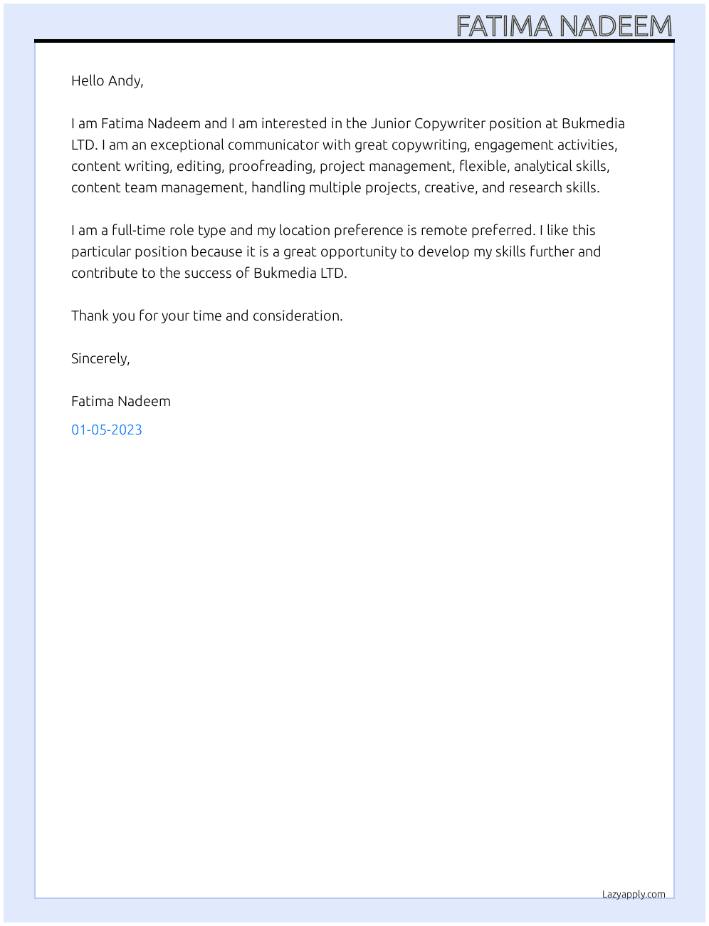Cover letter for junior copywriter - LazyApply