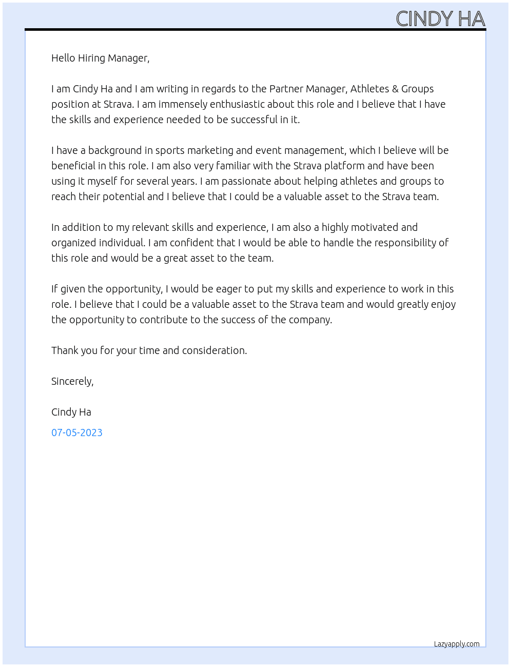 Partner Manager, Athletes & Groups At Strava Cover Letter