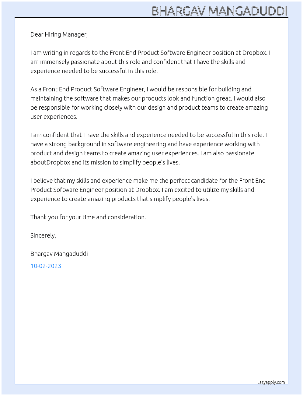 Front End Product Software Engineer At Dropbox Cover Letter