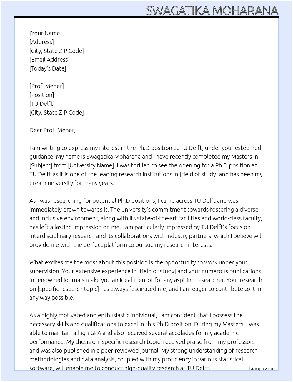 Ph.D position At TU Delft Cover Letter