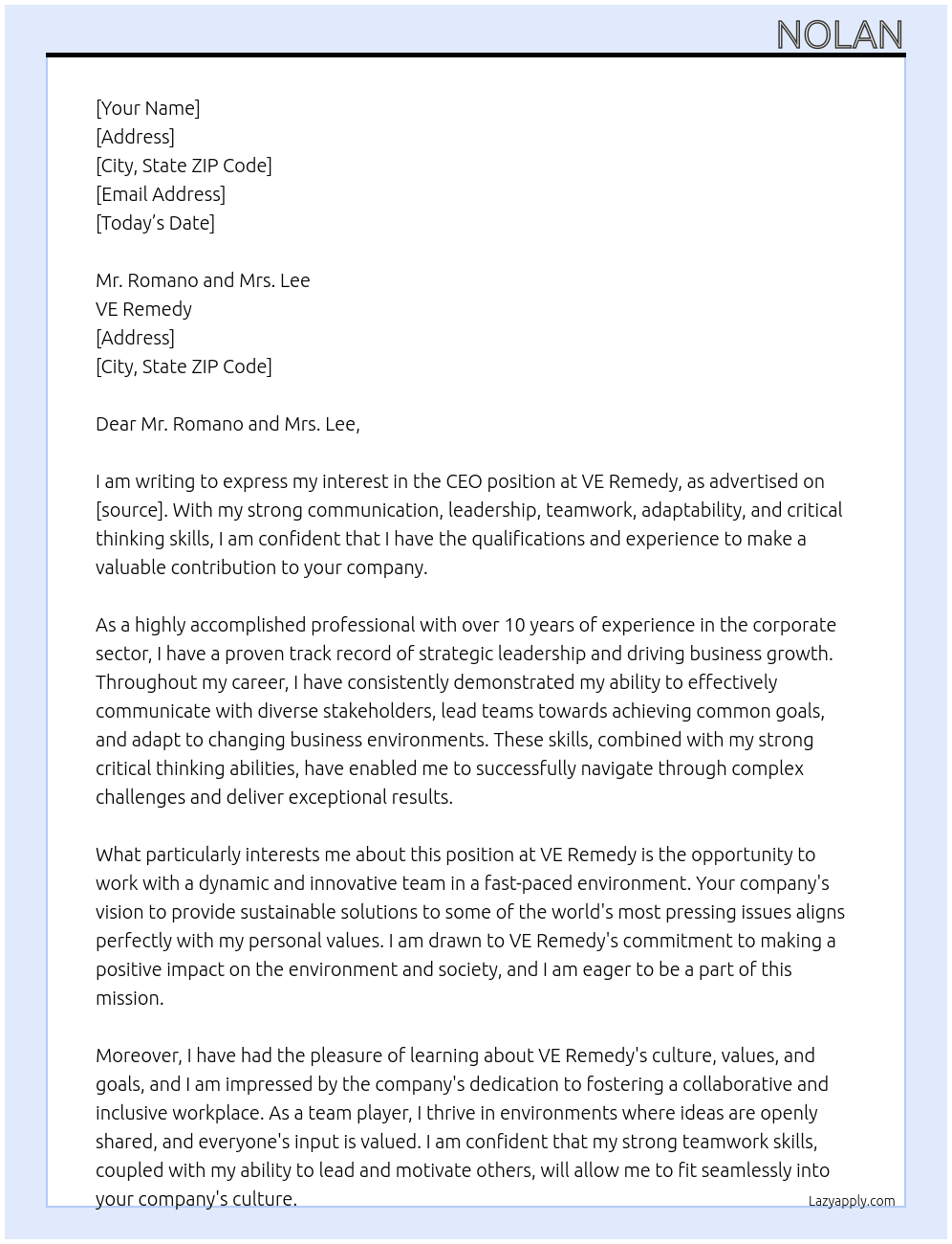 CEO At VE Remedy Cover Letter