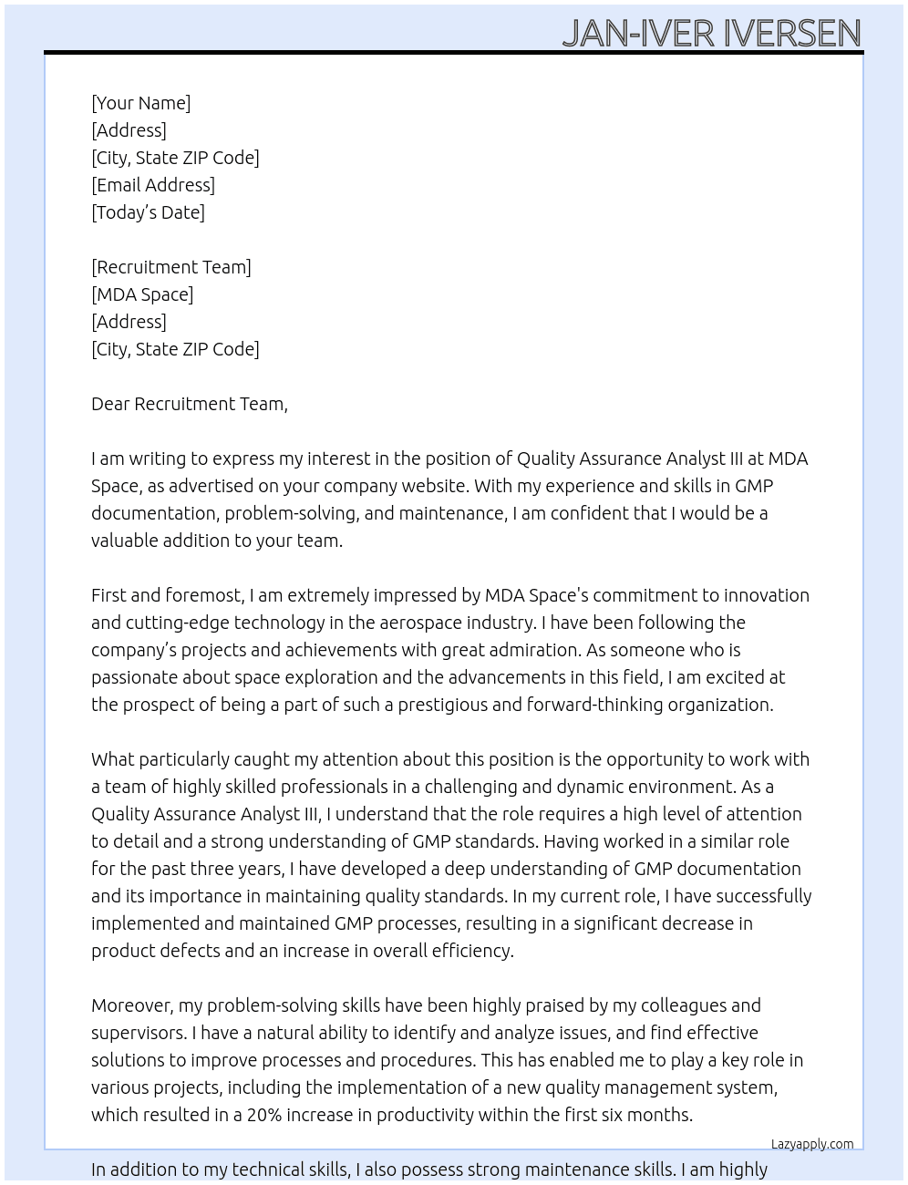 Quality Assurance Analyst III At MDA Space Cover Letter