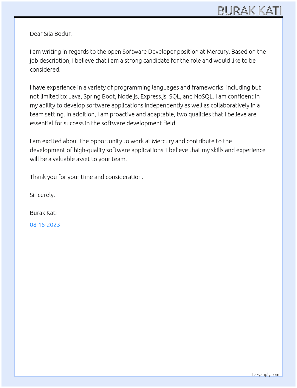 Software Developer At Mercury Cover Letter